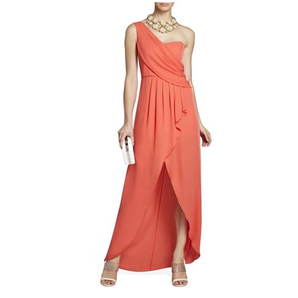 BCBGMAXAZRIA Kail Draped One Shoulder Gown Formal Dress Orange Sherbet 2 - Picture 1 of 11